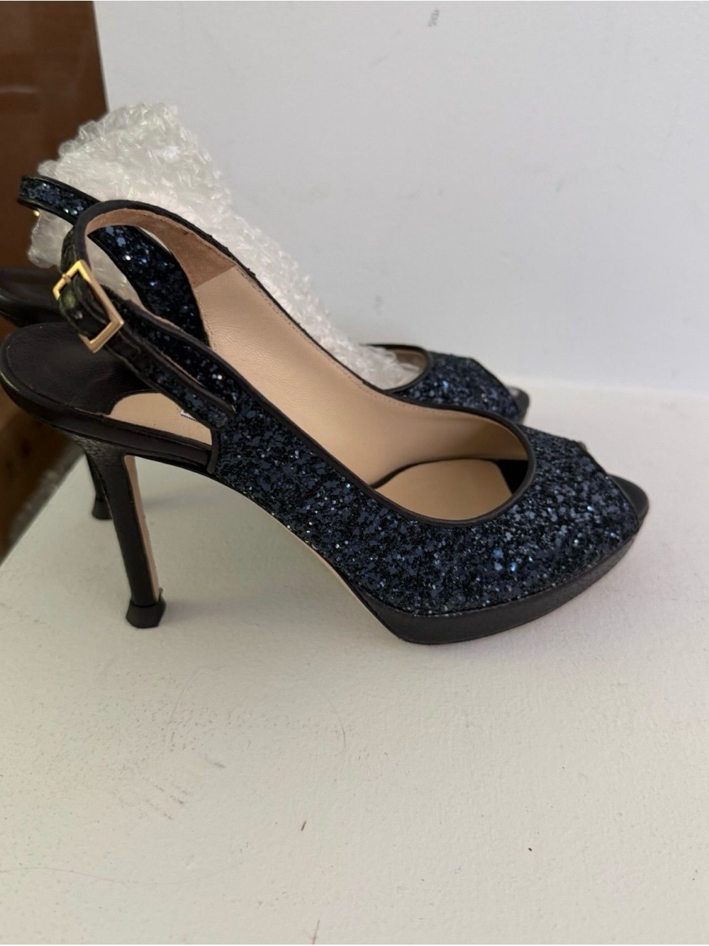 Jimmy Choo Navy Glitter Slingback Peep-Toe Heels
